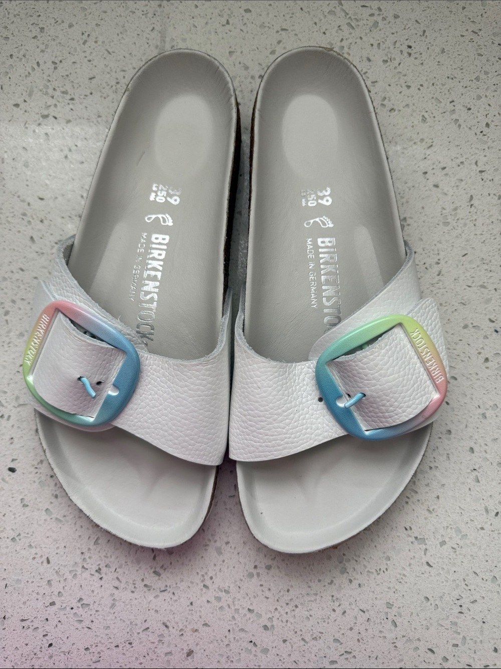 Birkenstock White Women's Sandals with Pastel Rainbow Buckles